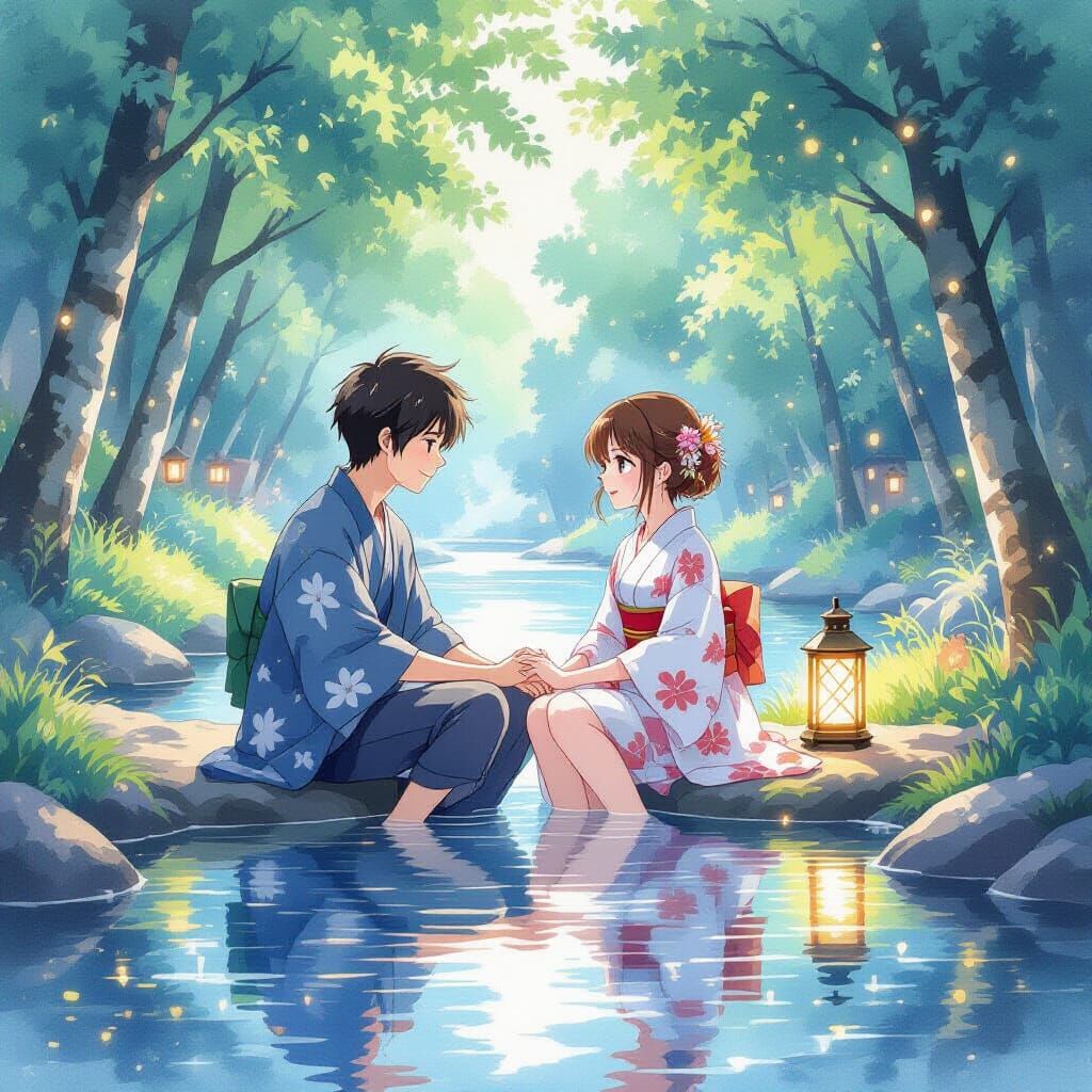 Romantic Anime Couple by Creek in Watercolor Style