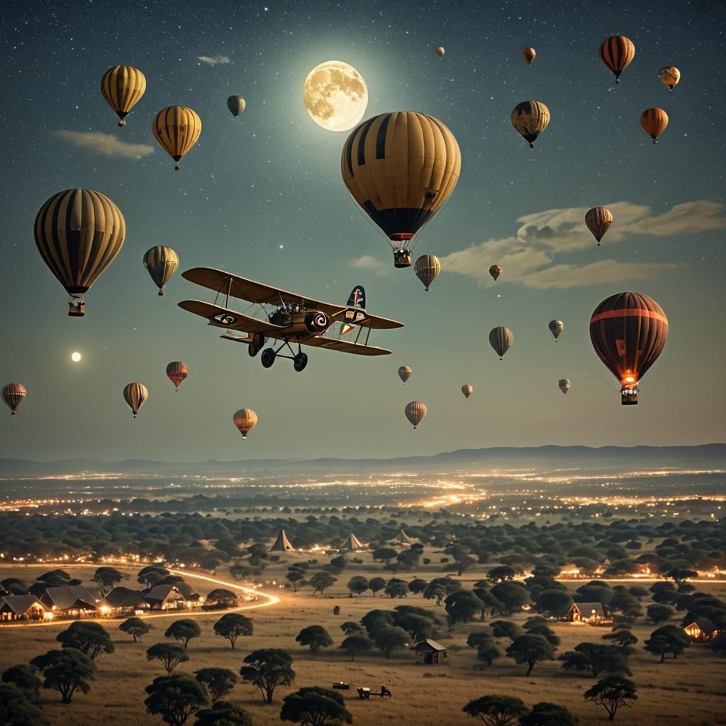 Vintage Biplane and Balloons Over Serengeti