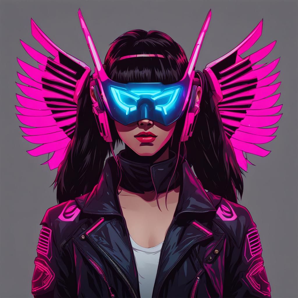 Girl with Oni Mask and Wings in Cyberpunk Style