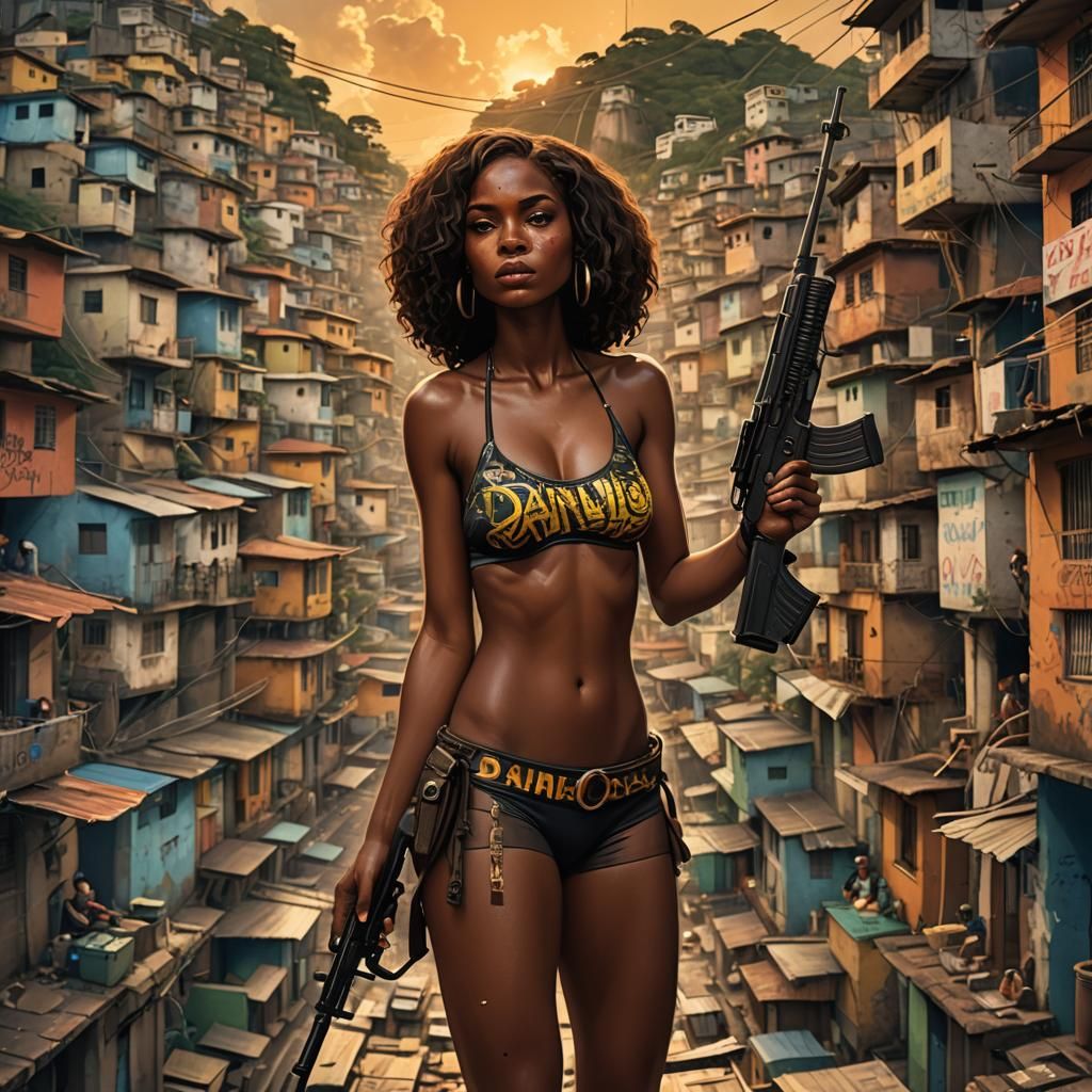 Afrofuturist Woman with Rifle in Rio Favela