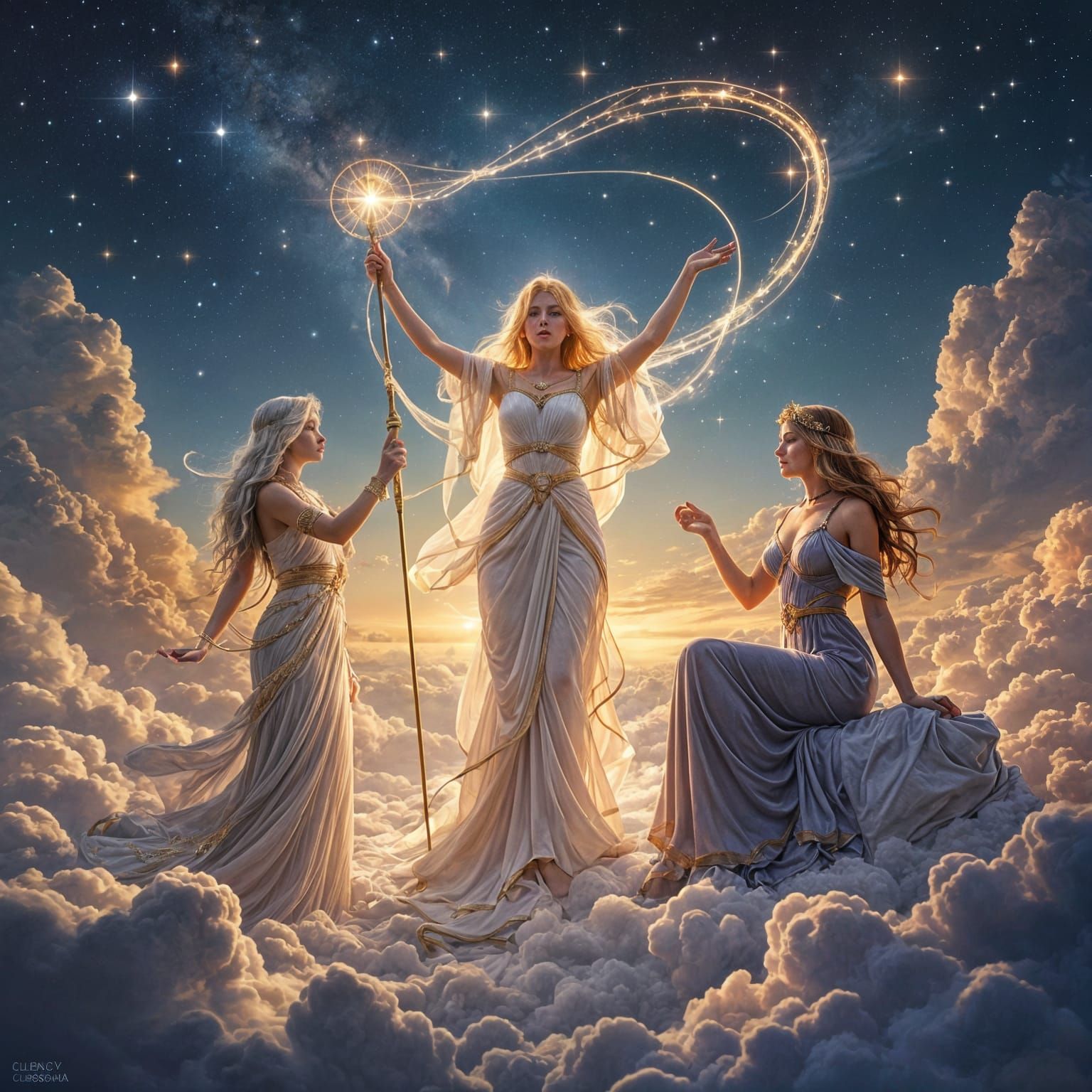 Ethereal Fates Weaving Destiny Above Mount Olympus