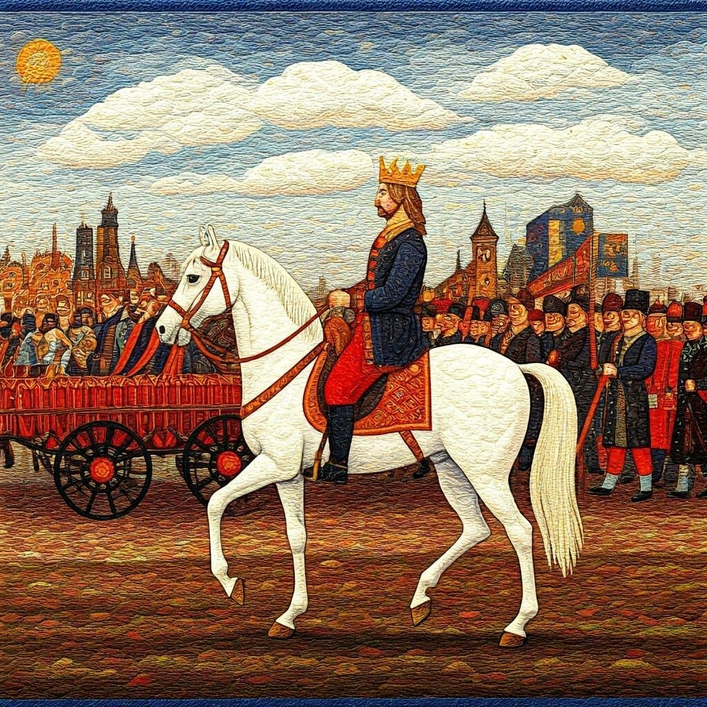 Vibrant King Rides White Horse in Joyful Celebration