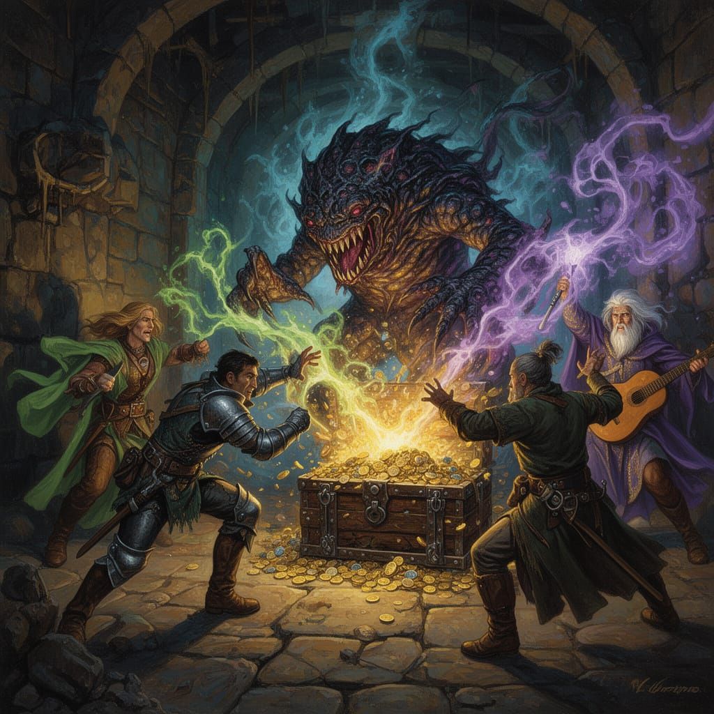 D&D Heroes Battle Mimic Treasure in Dungeon