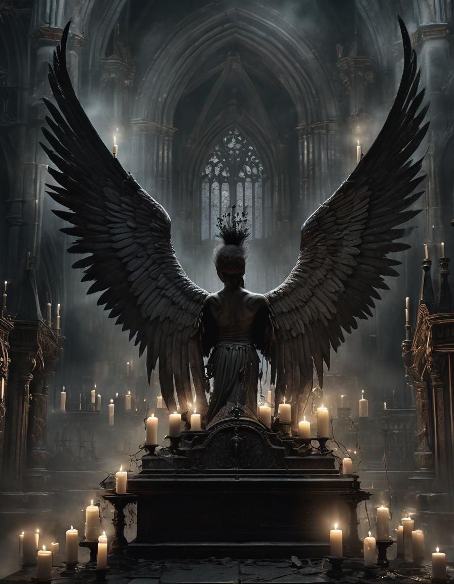 Gothic Punk Angel on Altar, Dark Fantasy Illustration