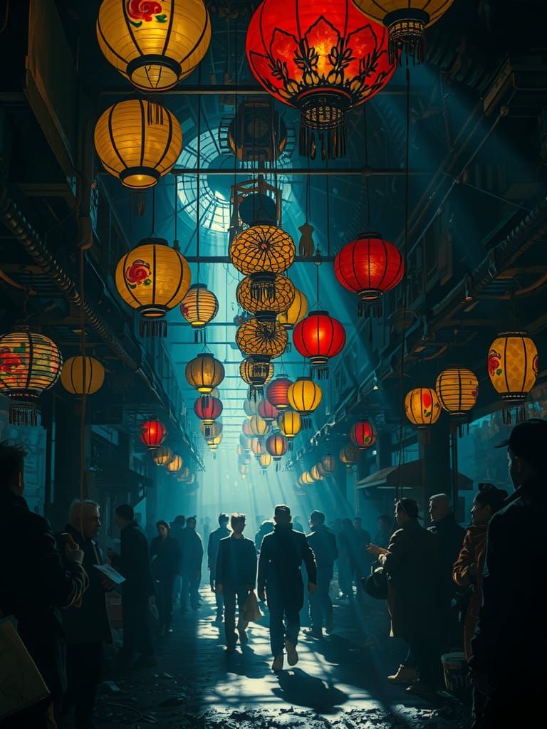Oil-Punk Lanterns in a Decaying Marketplace