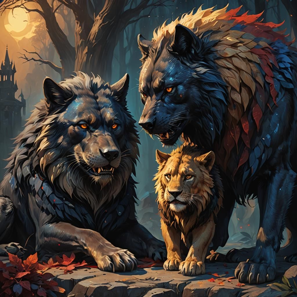 Angelic Lion Comforts Crying Demon Wolf