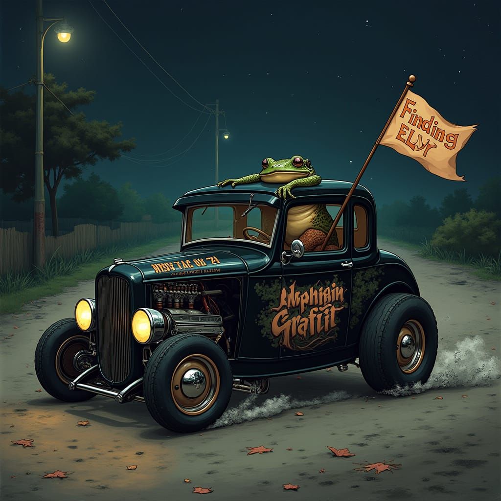 A Frog Drives a Vintage Hotrod Under a Midnight Sky