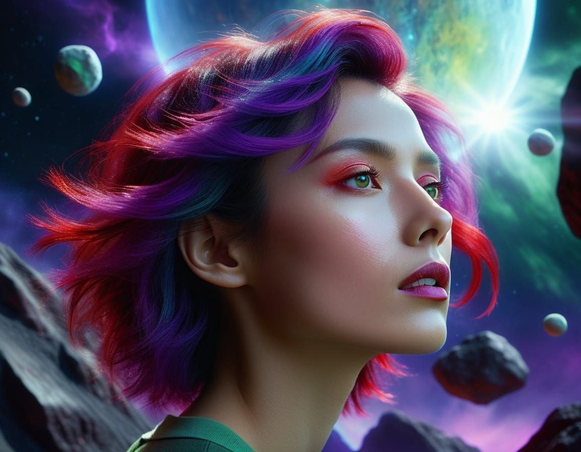 Ethereal Goddess in Asteroid Landscape with Labradorite Hair