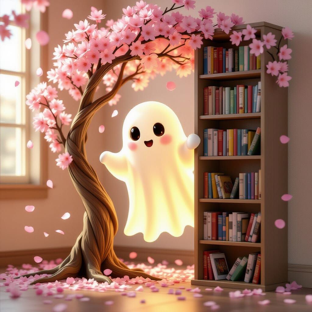 Cute Glowing Ghost Peeks from Bookshelf Tree