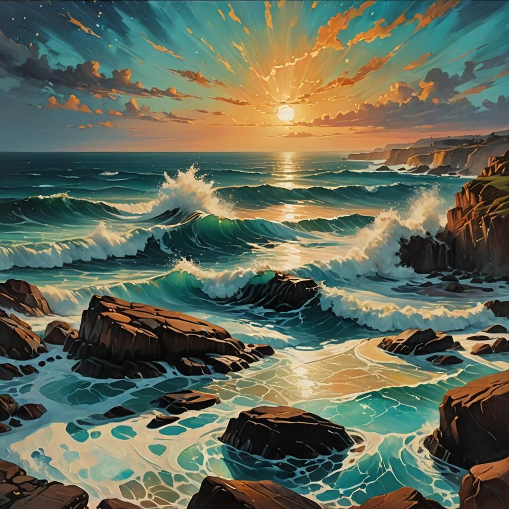 Luminescent Waves on Rocky Coastline, Oil Painting