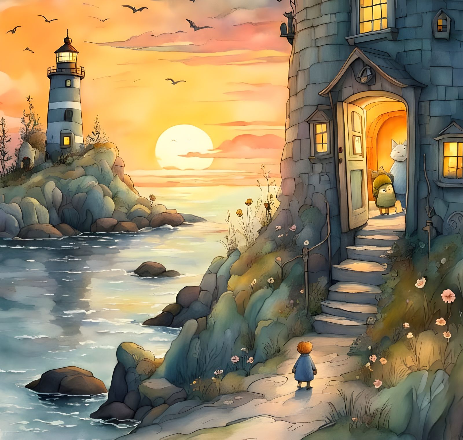 Whimsical Trolls at Lighthouse in Tove Jansson Style