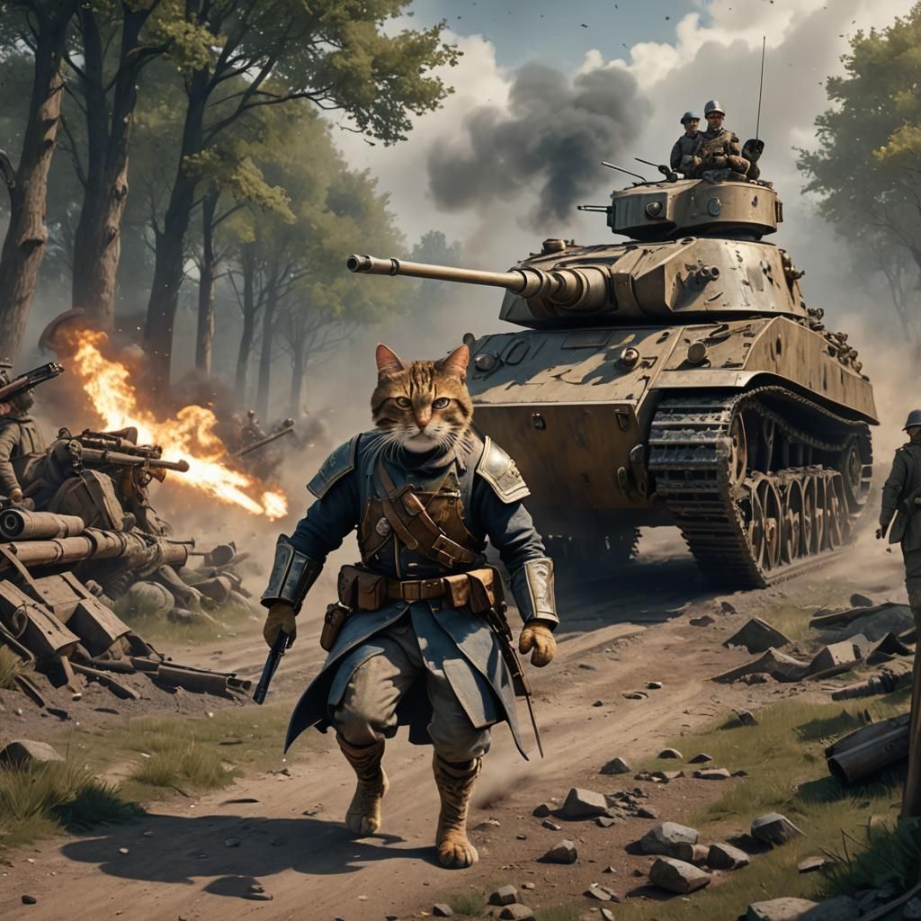 Cat-Person Warrior Commands Troops in Detailed Matte Paintin...