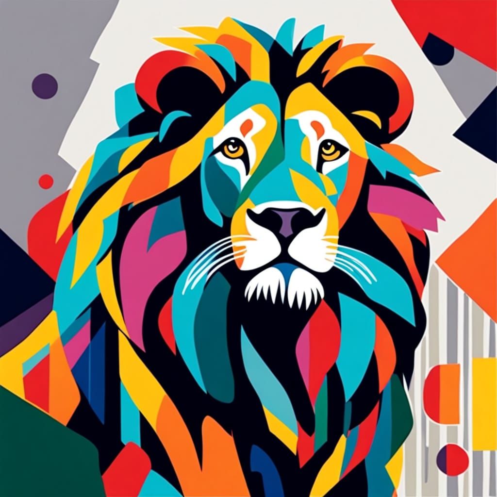 Vibrant Pop Art Lion Portrait with Geometric Stripes