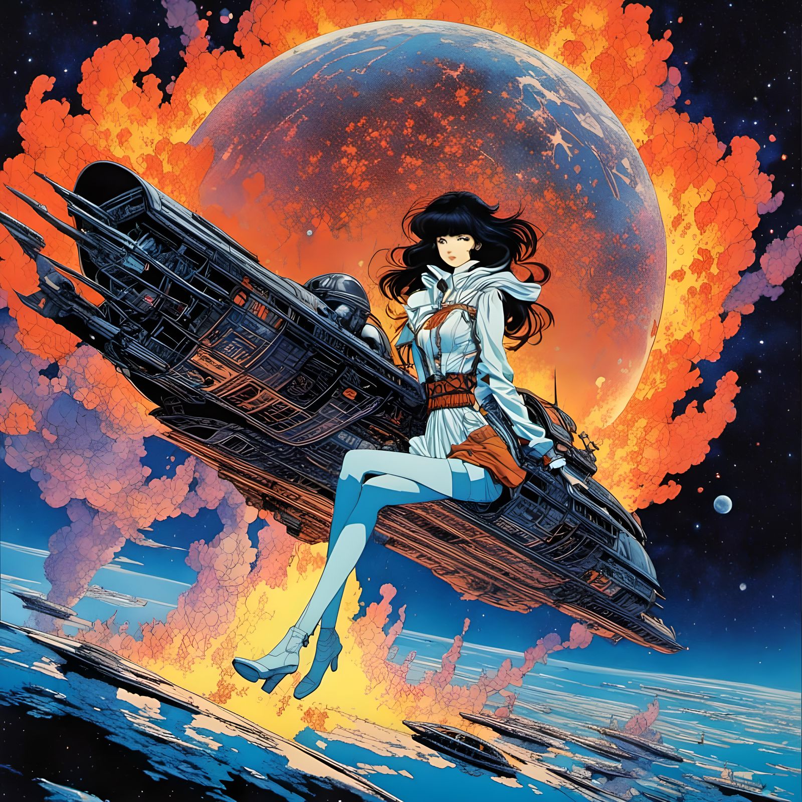 Fiery Spaceship Piloted by Woman, Moebius Style