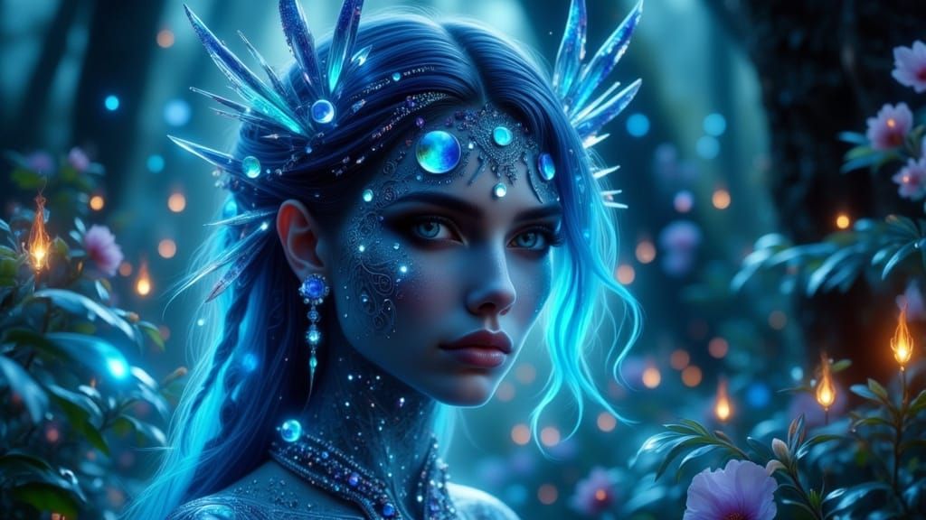 Elven Warrior in Bioluminescent Forest, Art Nouveau Punk