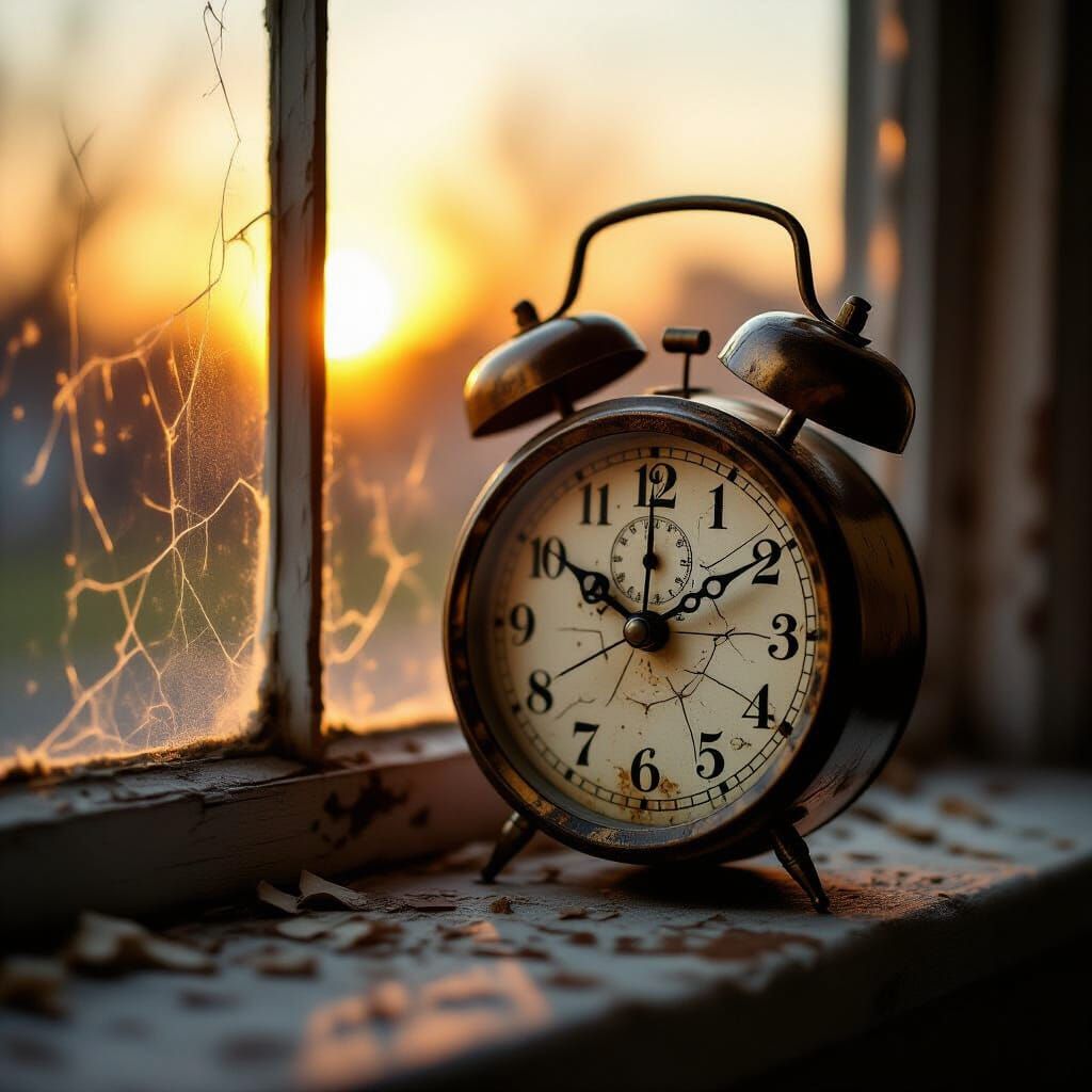 Vintage Clock Frozen in Time on Dusty Sill