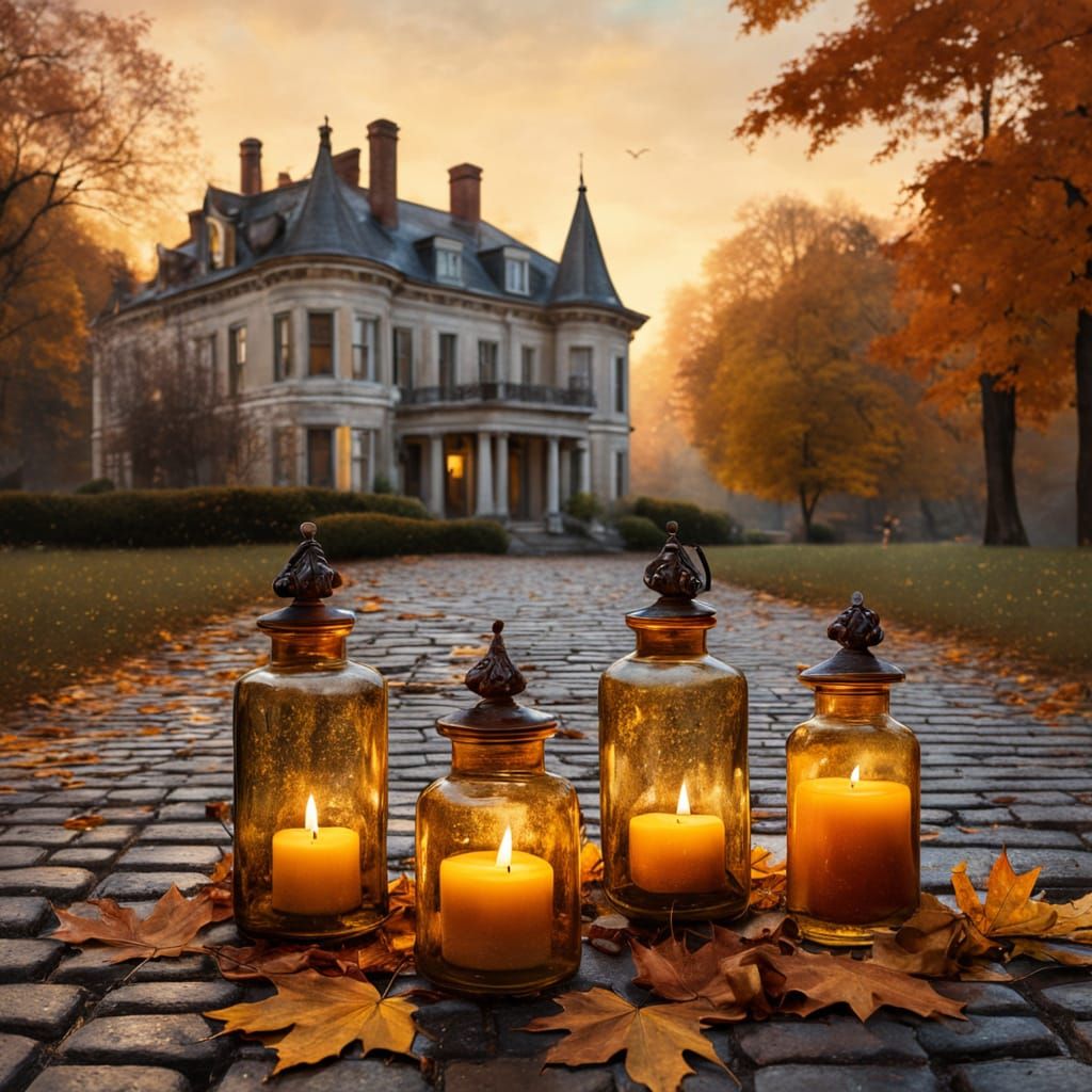 Autumn Still Life: Watercolor Bottles on Cobblestone Street