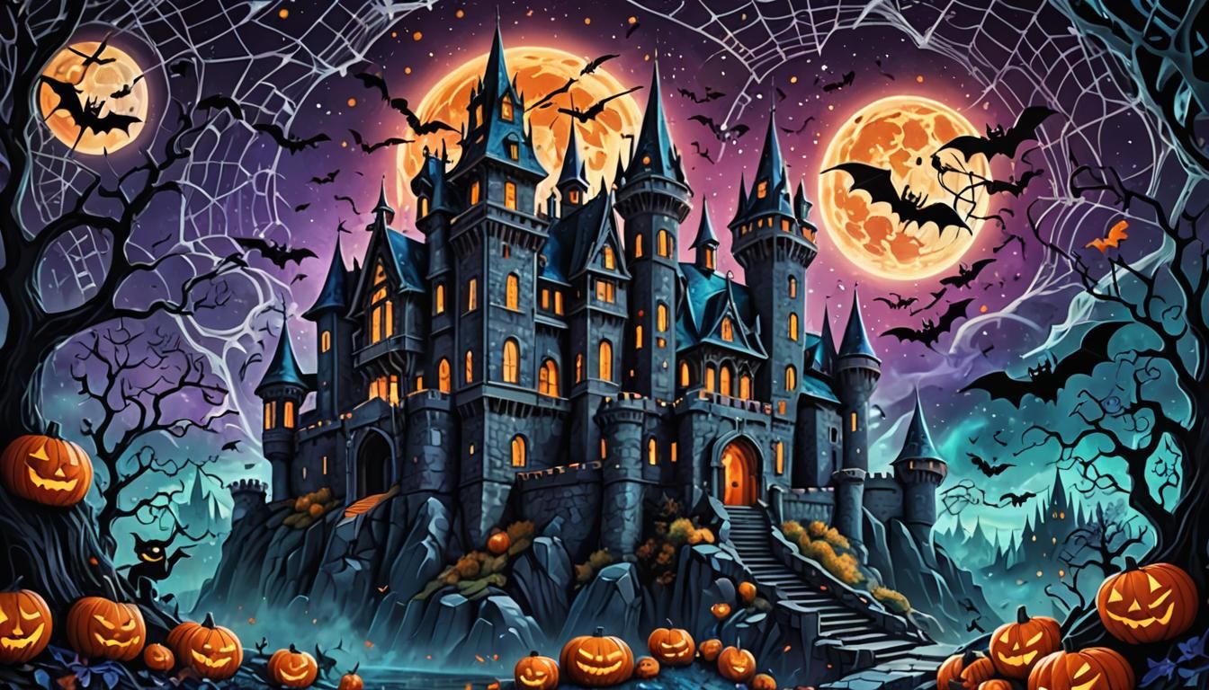 Halloween Castle: Holographic Cosmic Mixed Media Illustratio...