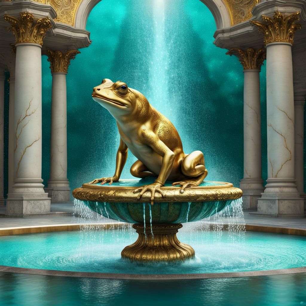 Golden Frog on Ornate Fountain, Fantasy Art