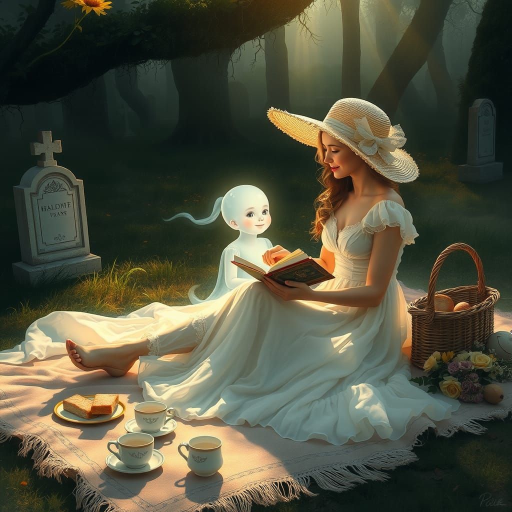 Ethereal Picnic: Woman and Ghost Child in Cemetery