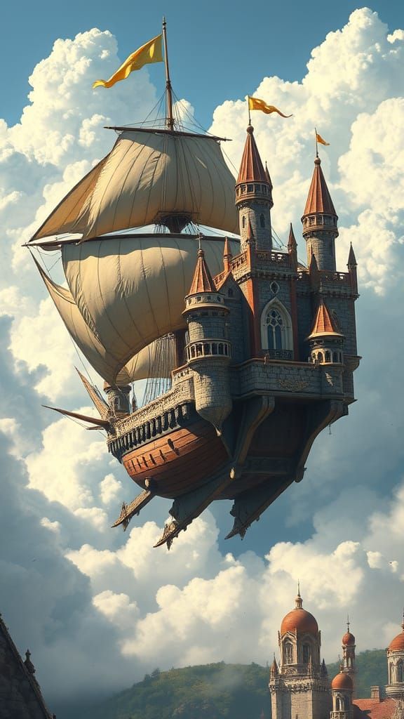 Flying Galleon Castle Soars Through Clouds