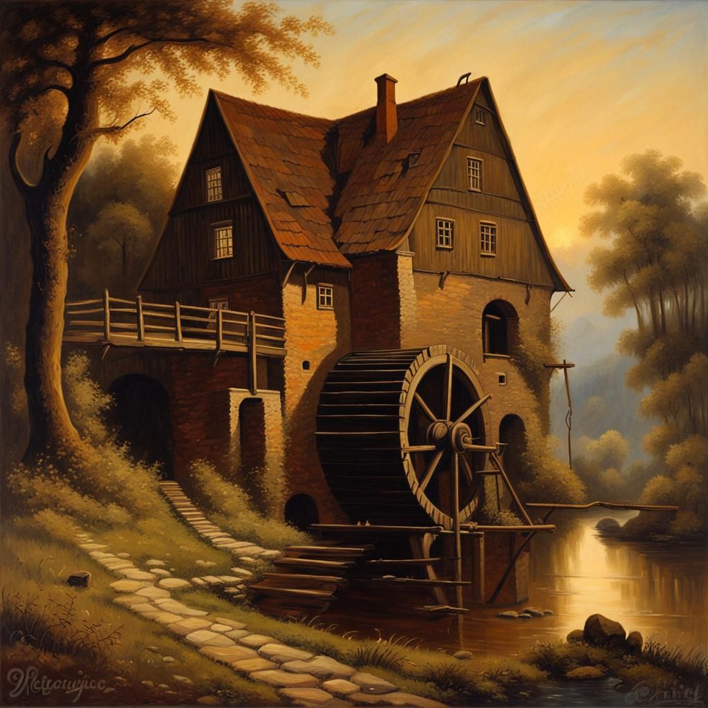 Historical Watermill in Evening Light as Oil Painting