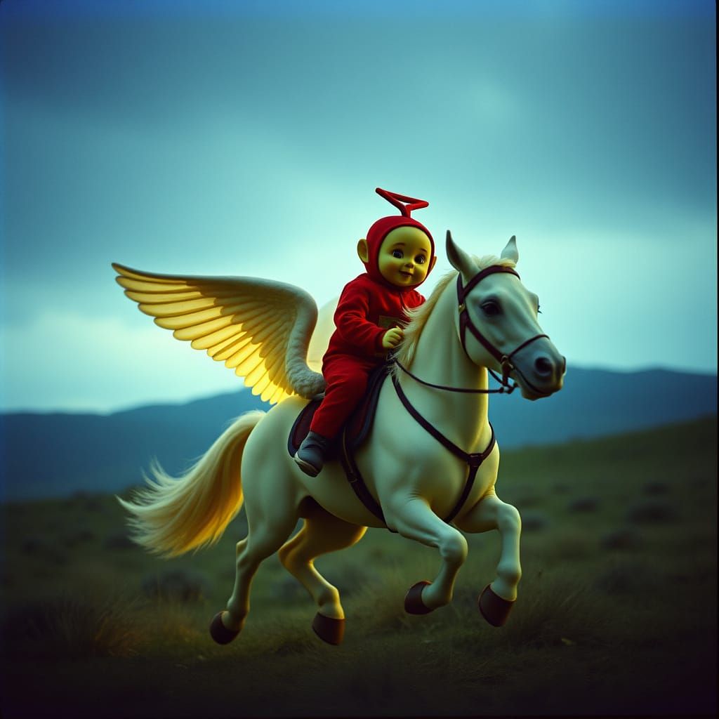 Teletubbies on Majestic Pegasus in Cinematic Glory