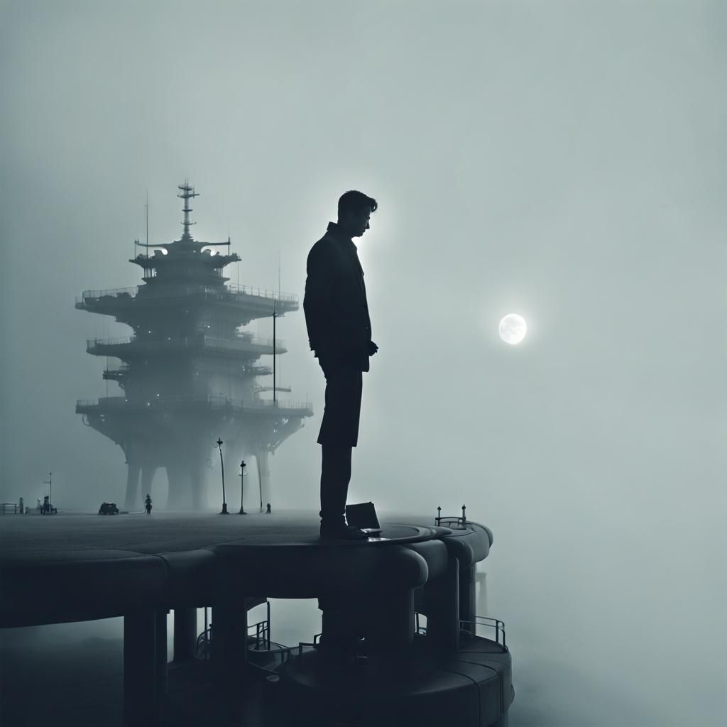 Gothic Coffee Shop in Fog: Mecha-City Black and White