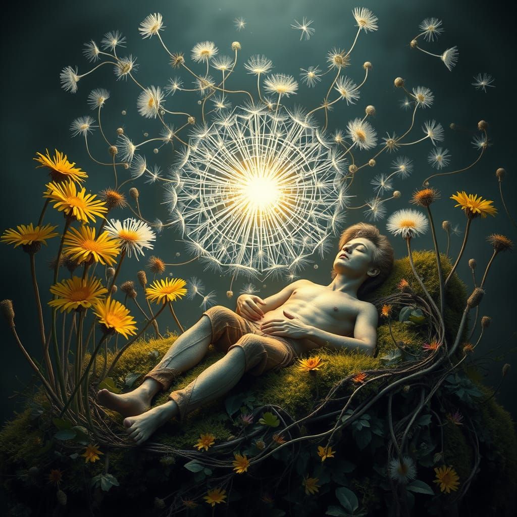 Ethereal Lost Star Radiating Among Dandelions in Bio-Art