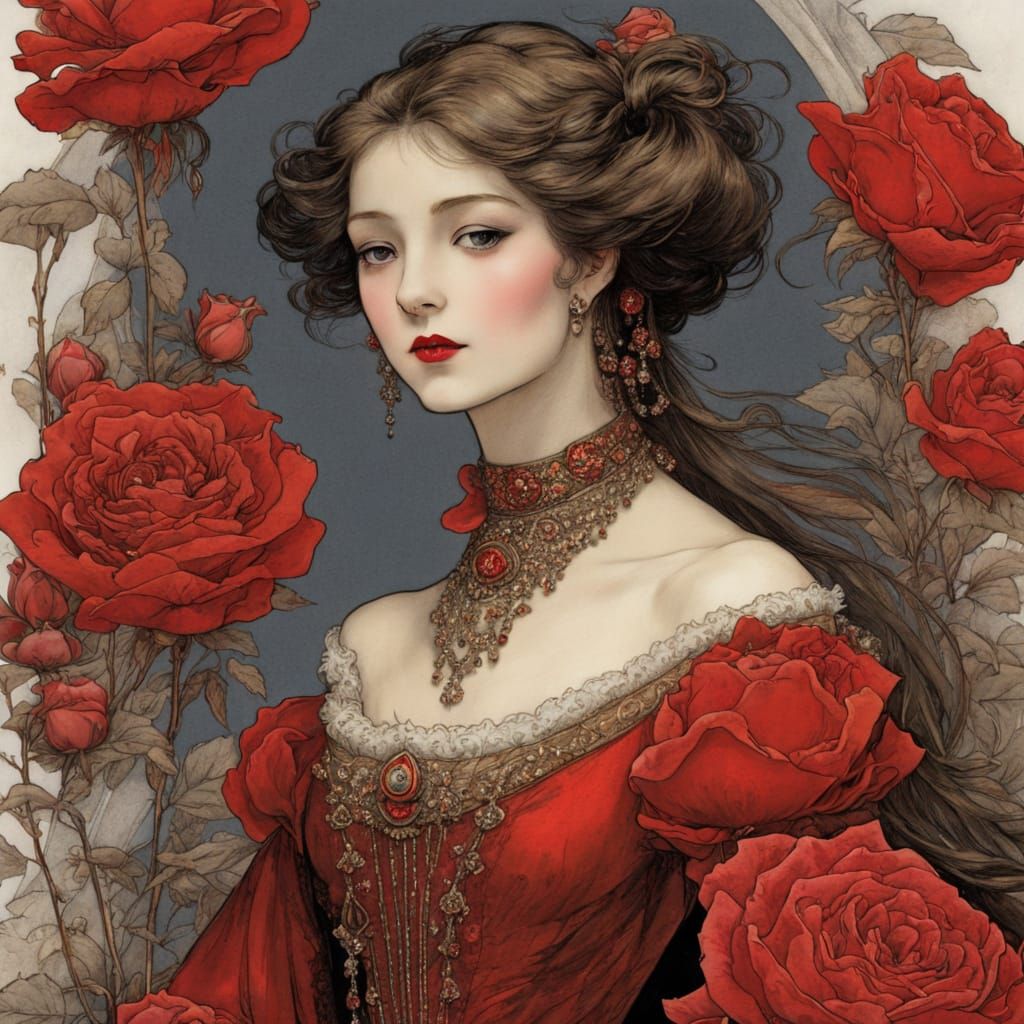 Vibrant Woman Among Whimsical Roses in Elegant Rouge Gown