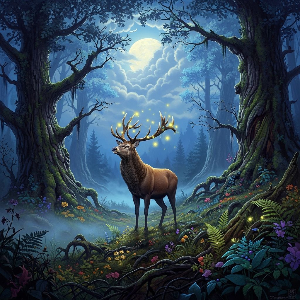 Stag Adorned with Fireflies in Moonlit Forest
