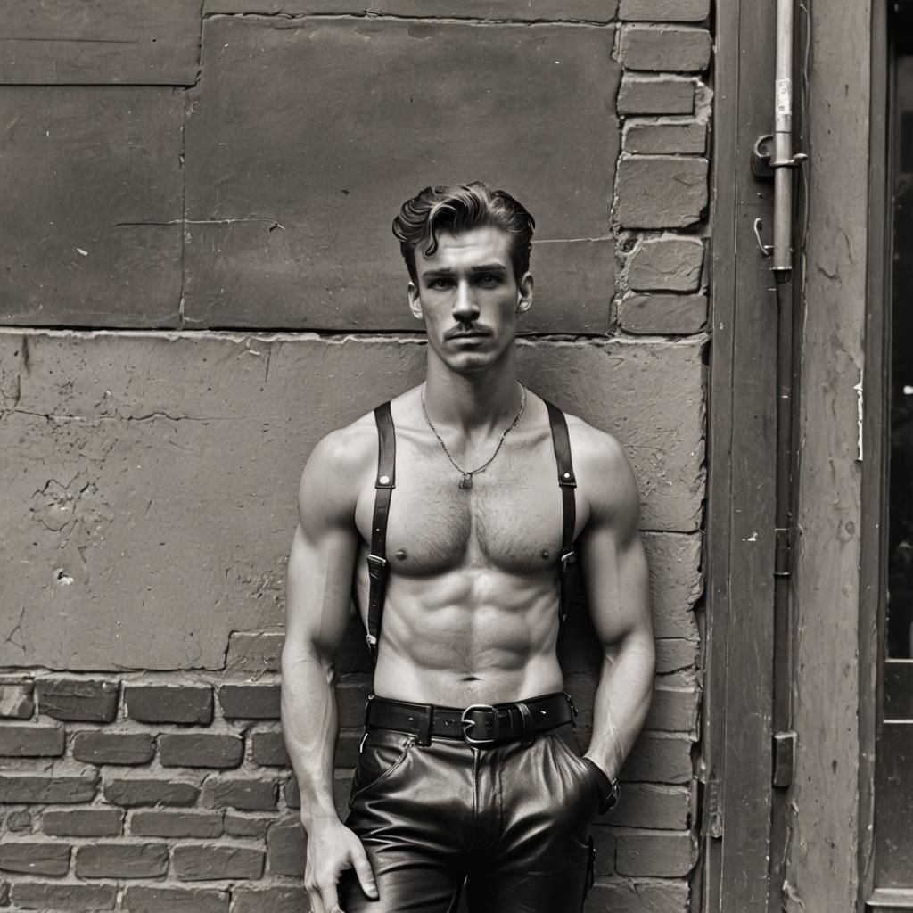 Shirtless Man in Leather Harness Leaning Against Wall