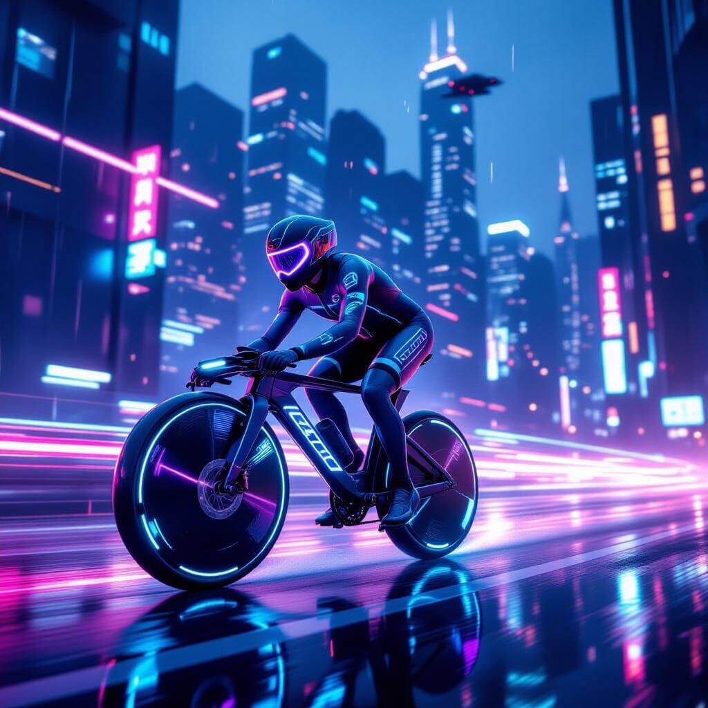 Cyberpunk Cyclist Races Through Neon City at Night