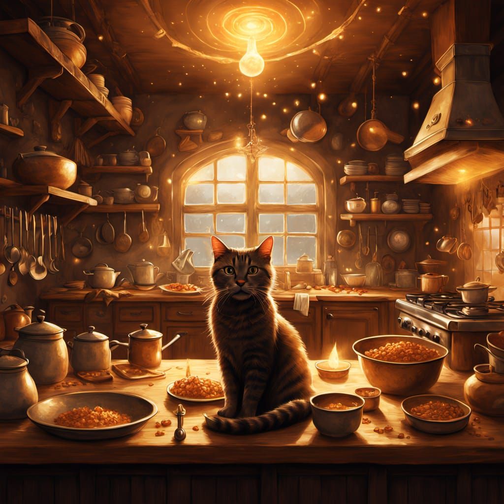 Whimsical Kitchen Scene with Cat and Magic Dust
