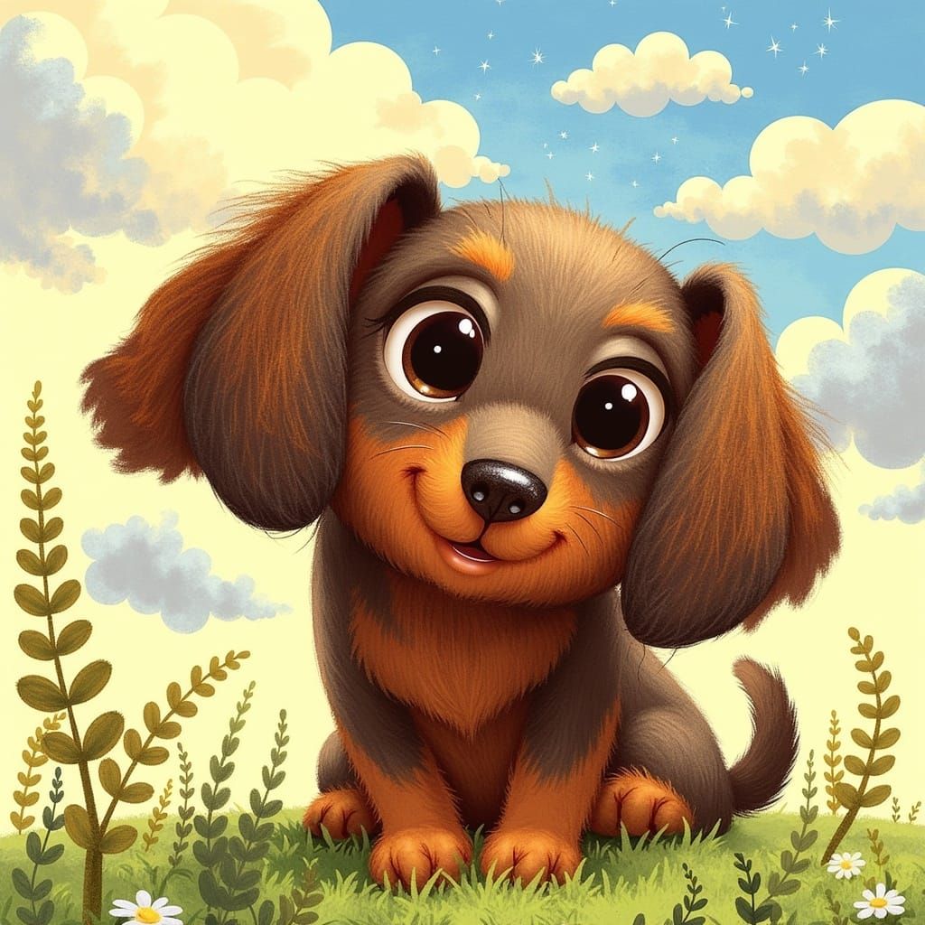 Adorable Dachshund Puppy in Vibrant Acrylic Illustration