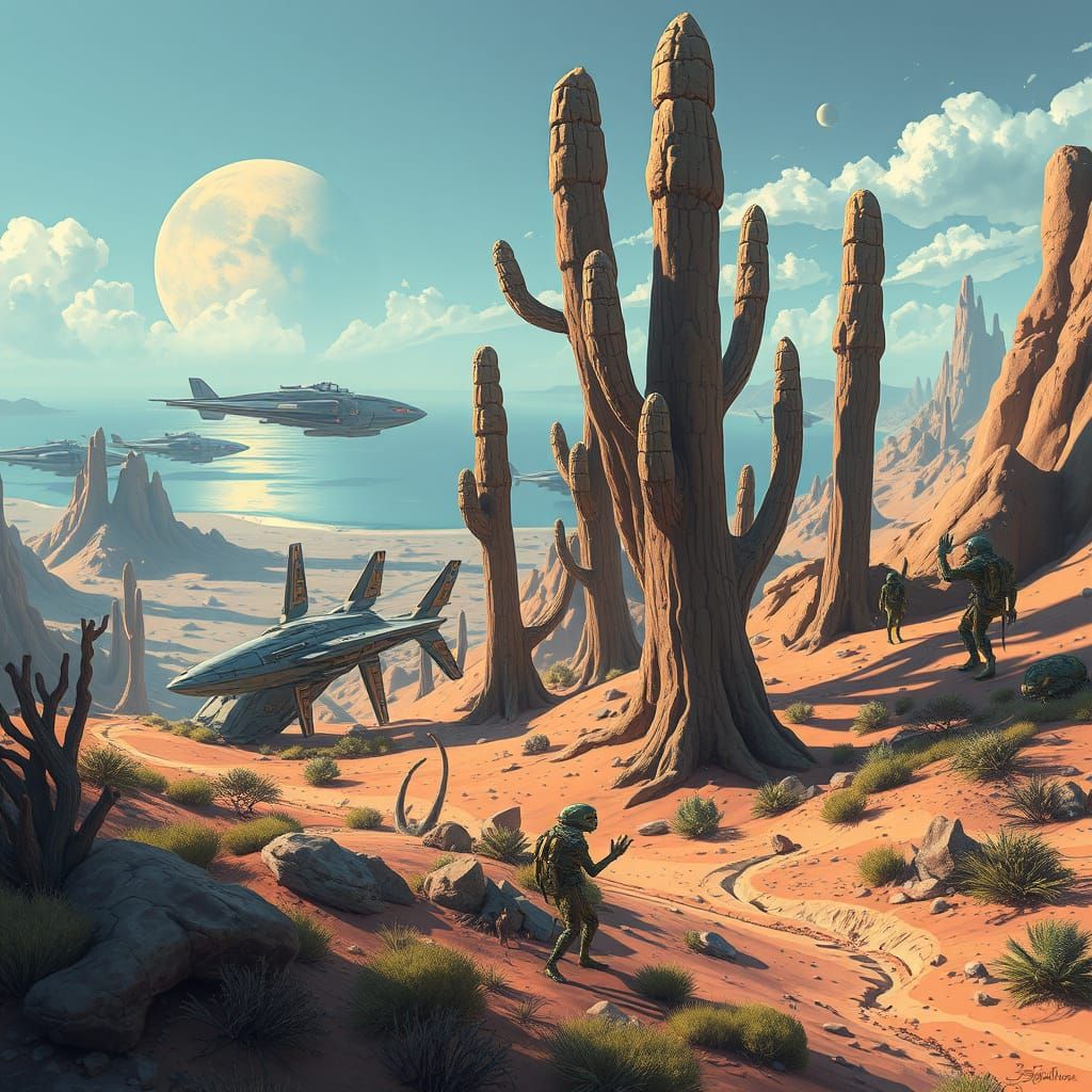 Surreal Desert Landscape with Spaceships and Aliens