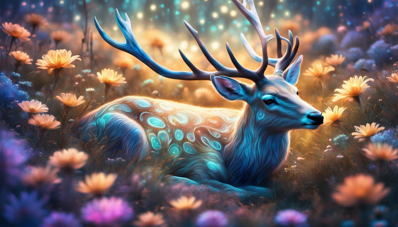 Angelic Deer Asleep in Mystical Bioluminescent Meadow