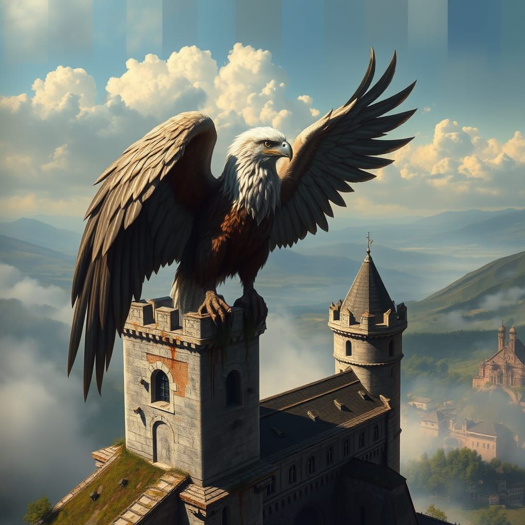 Griffin Perched Atop Ancient Castle: Oil Painting