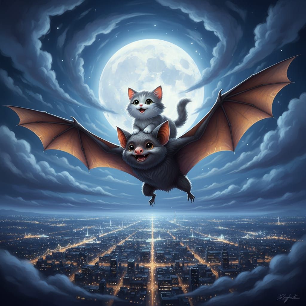 Happy Bat Carries Cat Under Bright Moon
