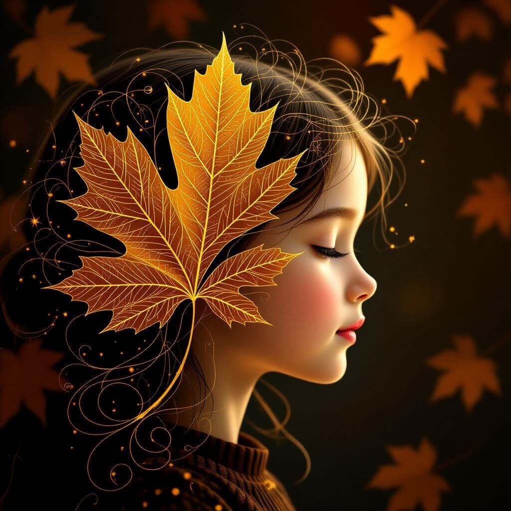 Golden Thread Leaf Transforms into Girl's Face in Ethereal A...