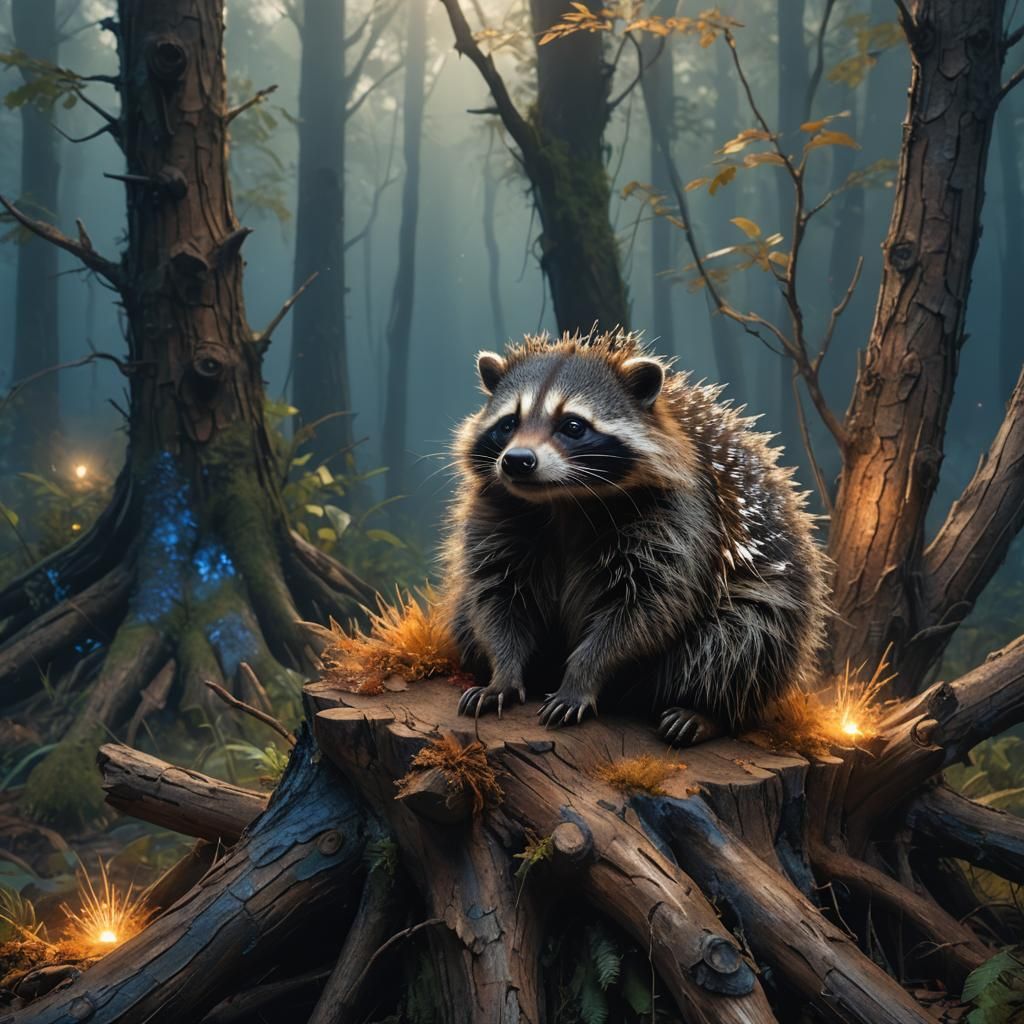 Porcupine-Raccoon Hybrid in Mystical Forest