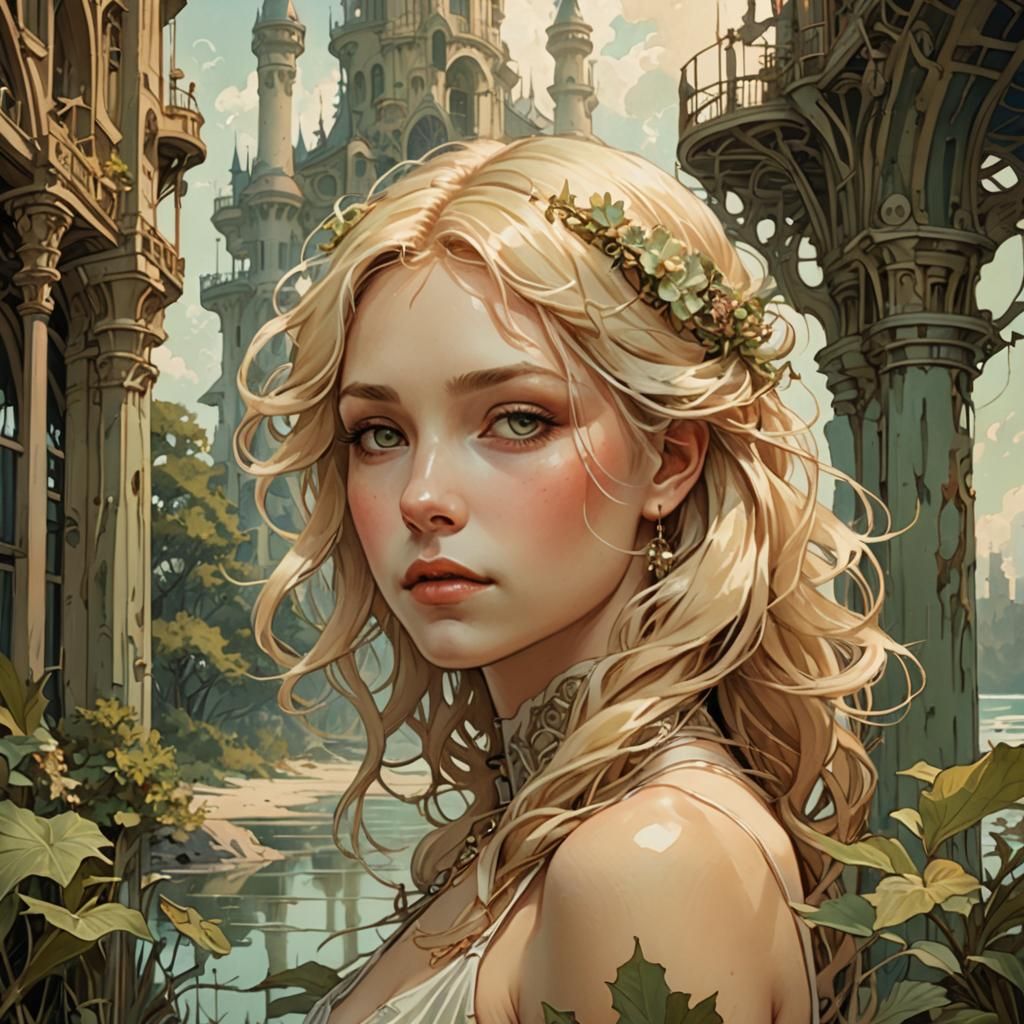 Blonde by Swamp and Beach in Art Nouveau Style