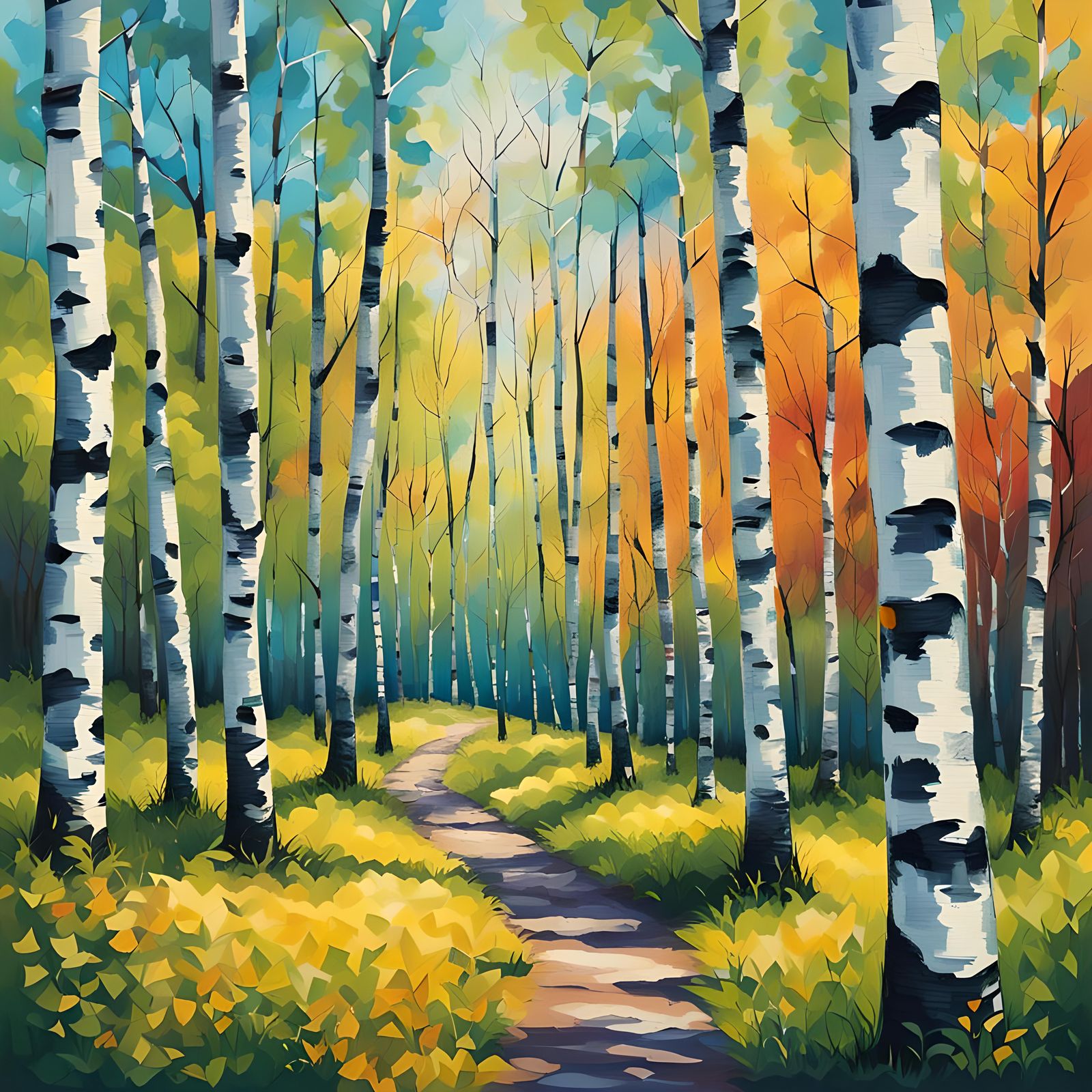 Birch Forest Trail in Spring: Abstract Art