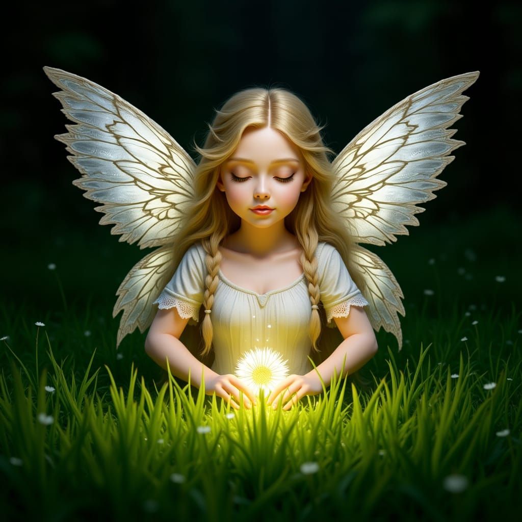 Luminescent Fairy on Dandelion in Matte Painting Style