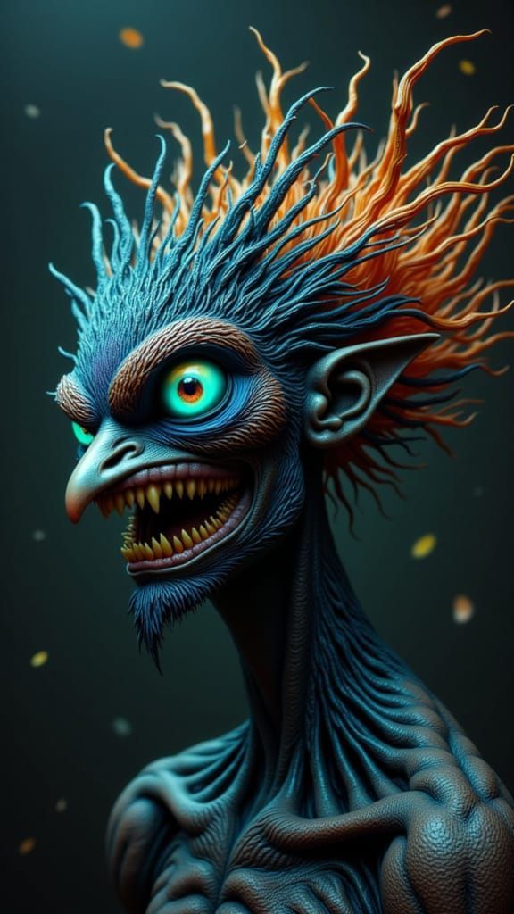 Mutated Human-Creature with Peacock, Butterfly, and Spider F...