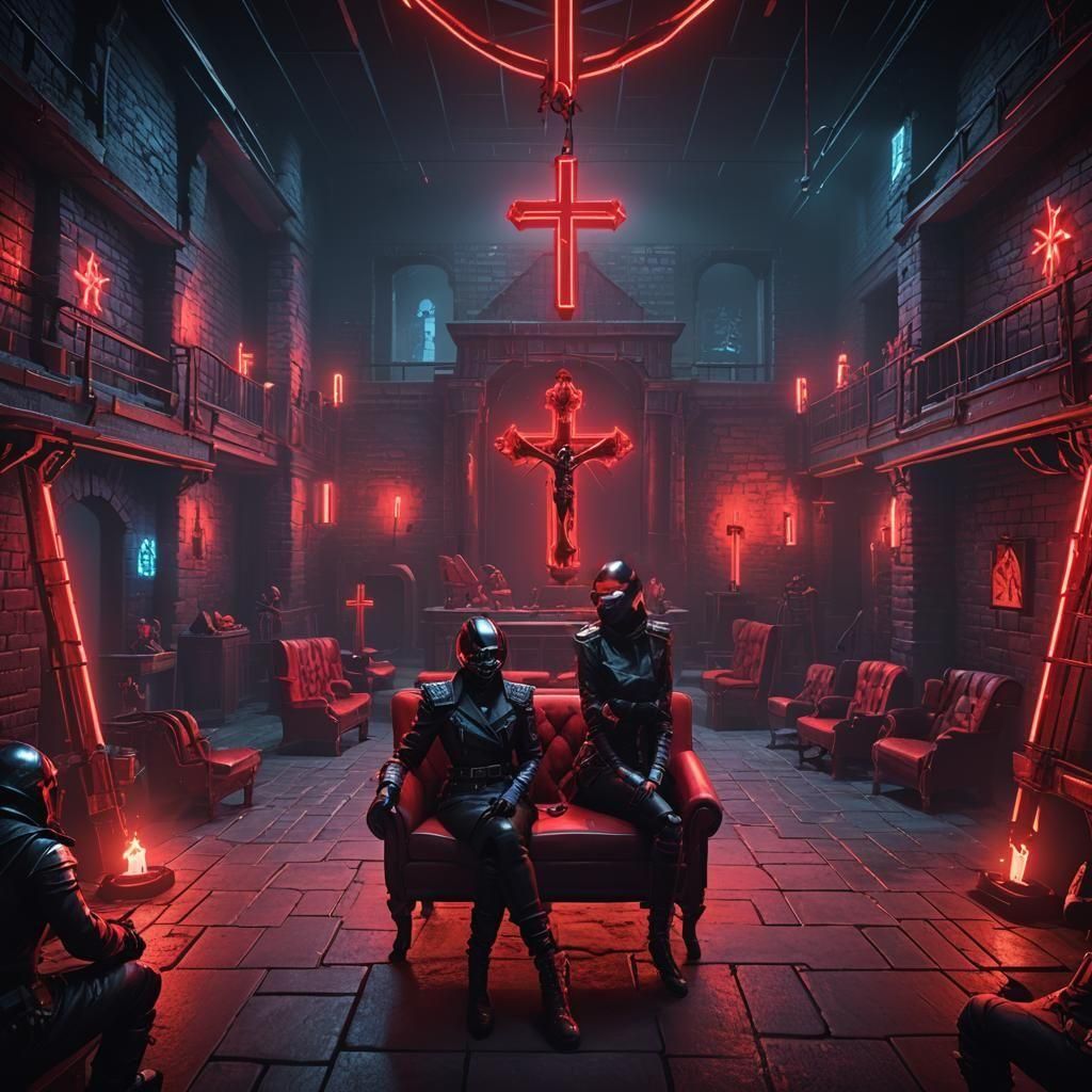 Neon Dungeon Scene with Leather and Figures
