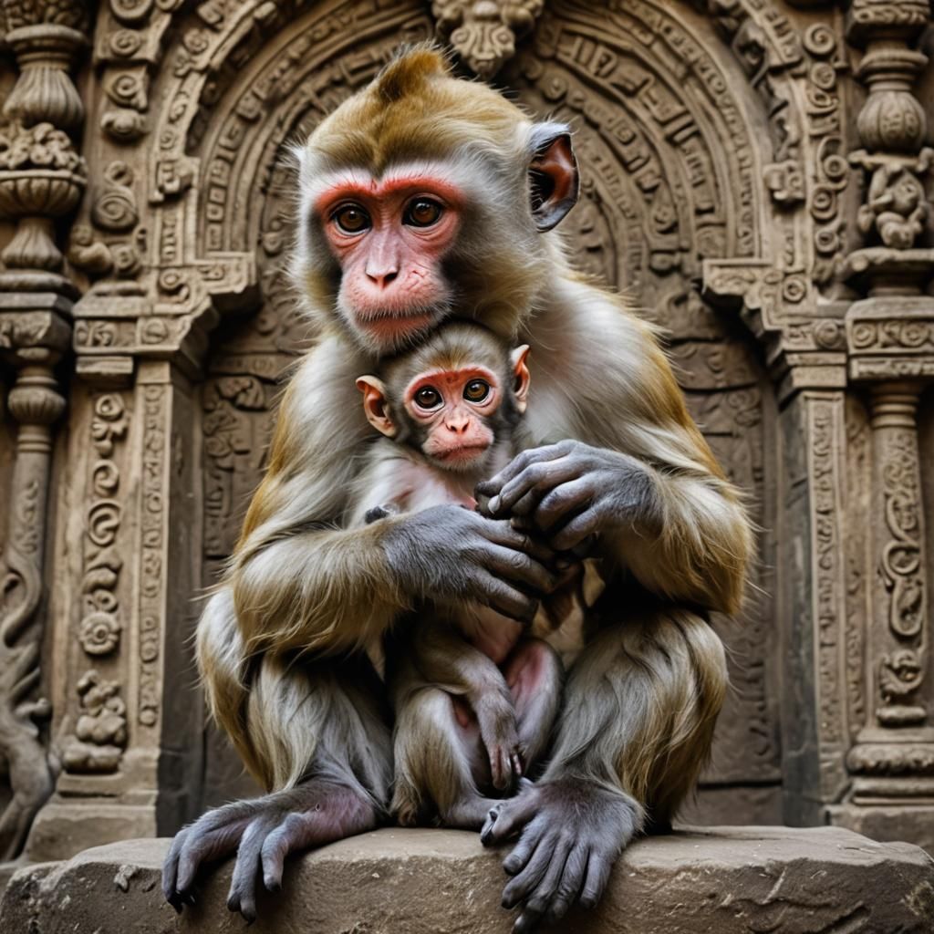 Nature Photograph, a monkey in a Hindu Temple, a statue of female Goddess Kali at a Hindu temple, a small a
fluf...
