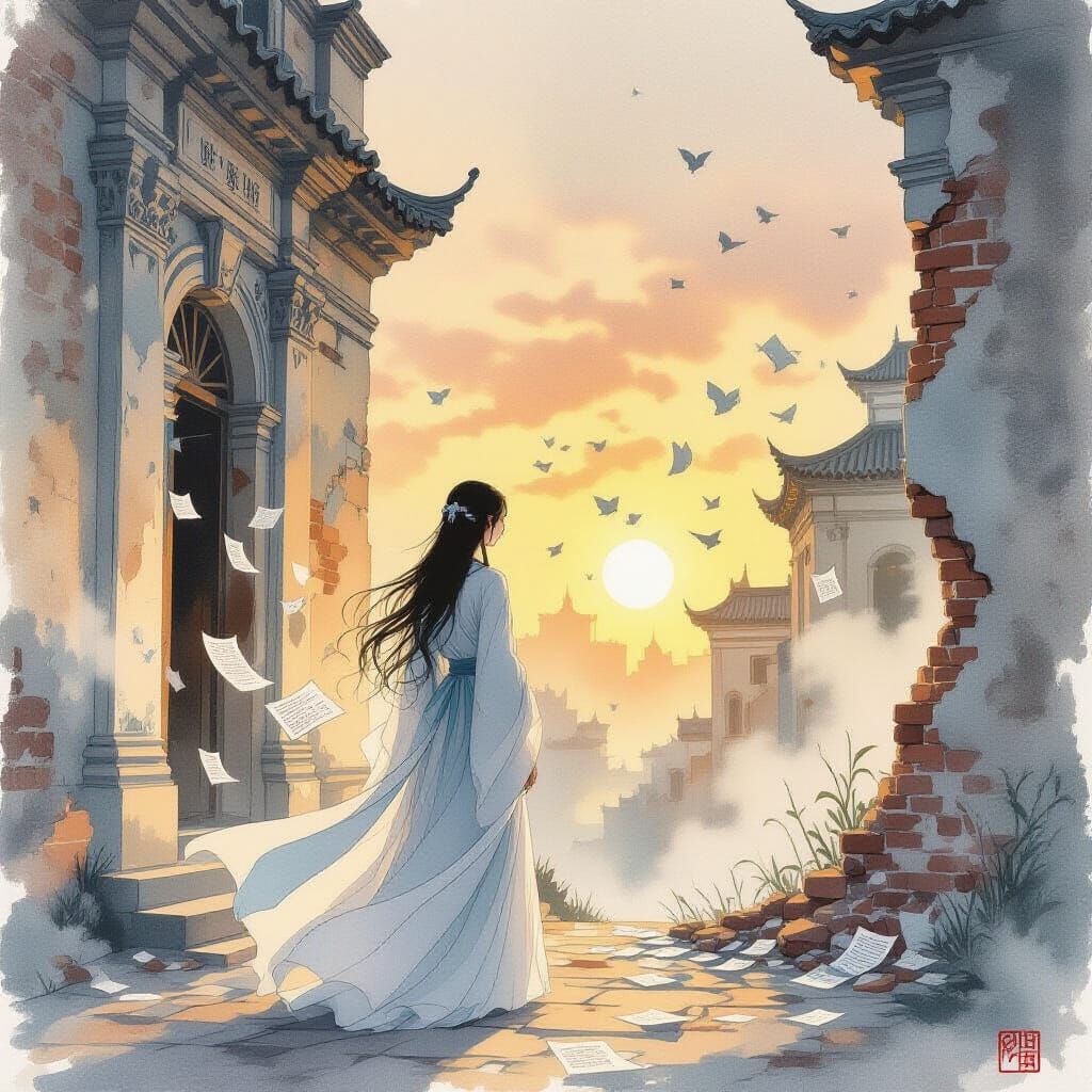 Woman Dissolving Building in Ink Wash Watercolor Style