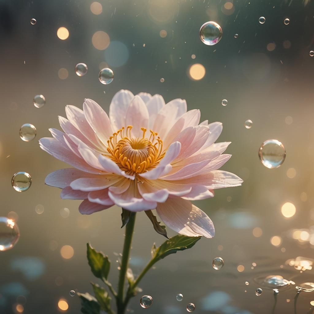 Cinematic Flower Surrounded by Floating Bubbles