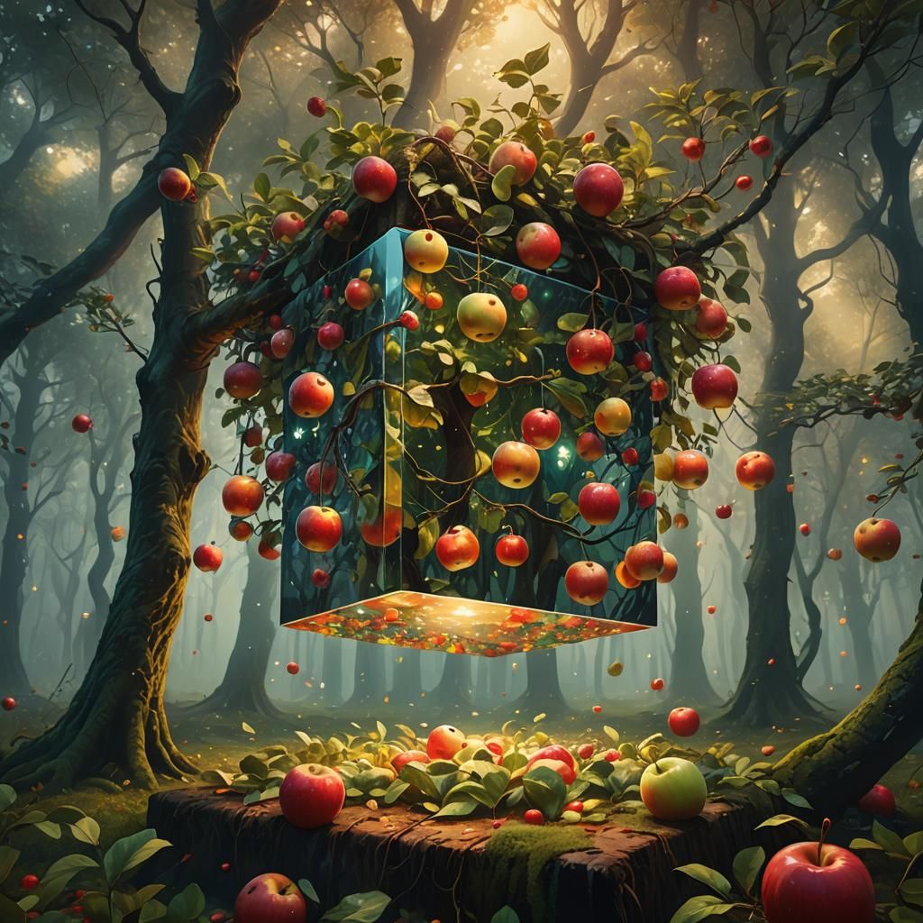 Apple Cube in Mystical Forest: Fantasy Art